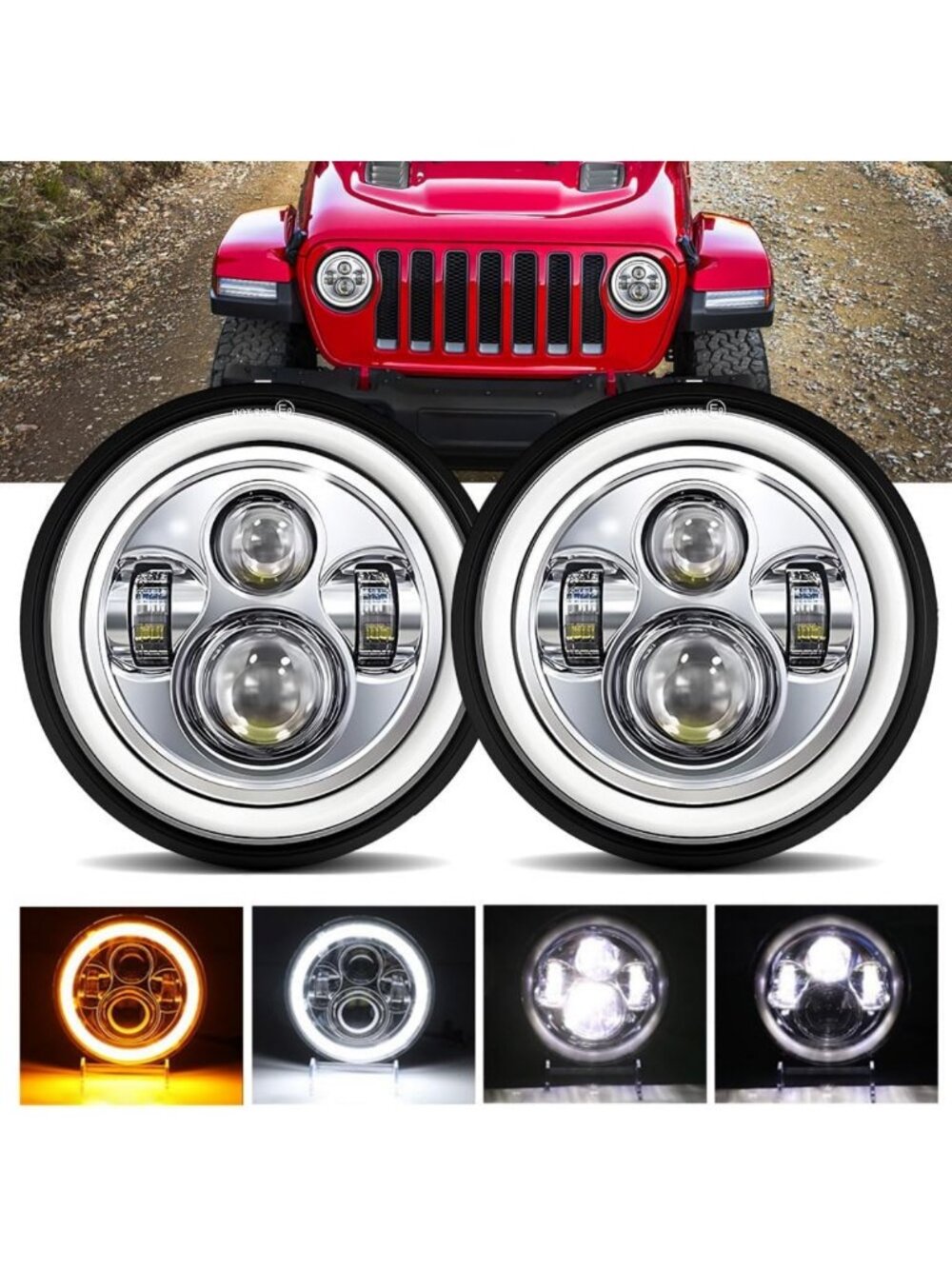 7-Inch LED Round Headlight Set - Hi/Low Beam, Halo DRL, Amber Turn Signal, DOT